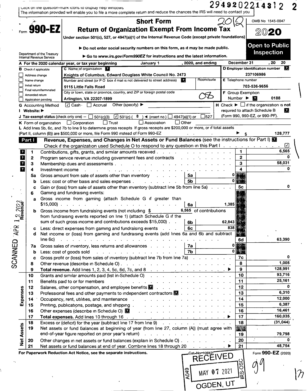 Image of first page of 2020 Form 990EO for Knights of Columbus - 2473 Edward Douglass White