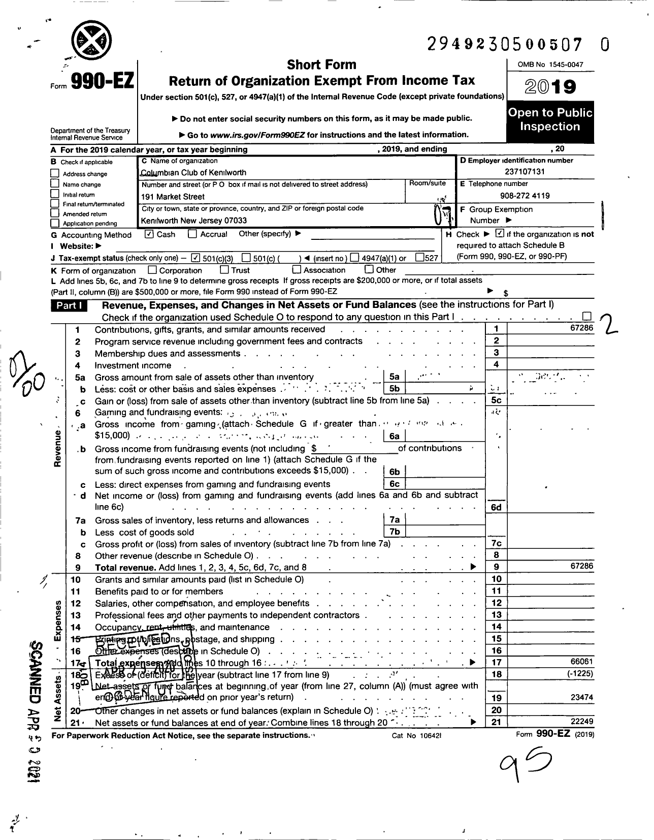 Image of first page of 2019 Form 990EO for Columbian Club of Kenilworth New Jersey