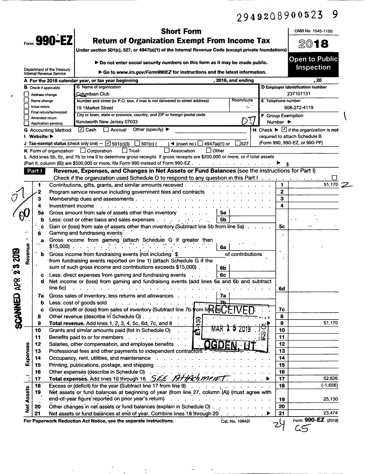 Image of first page of 2018 Form 990EO for Columbian Club of Kenilworth New Jersey