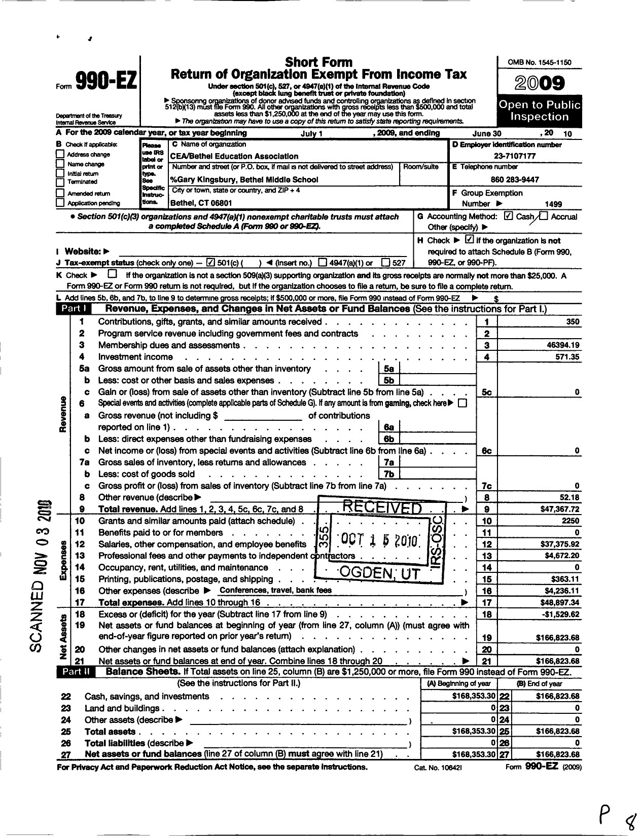 Image of first page of 2009 Form 990EO for Connecticut Education Association - Bethel