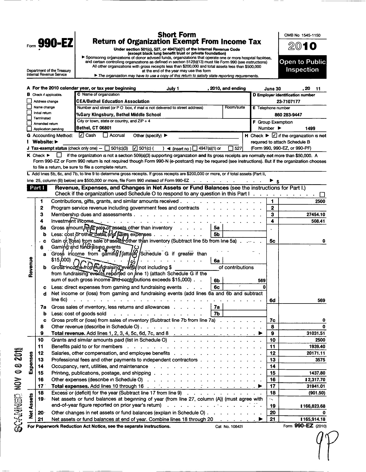 Image of first page of 2010 Form 990EO for Connecticut Education Association - Bethel