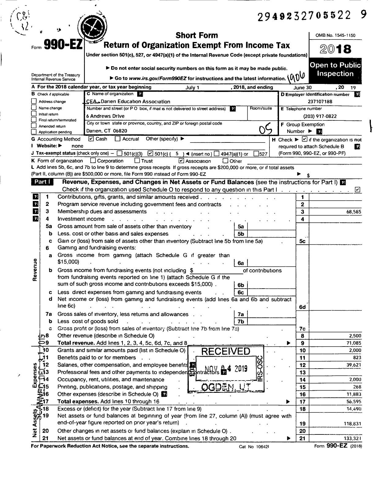 Image of first page of 2018 Form 990EO for Connecticut Education Association - Darien