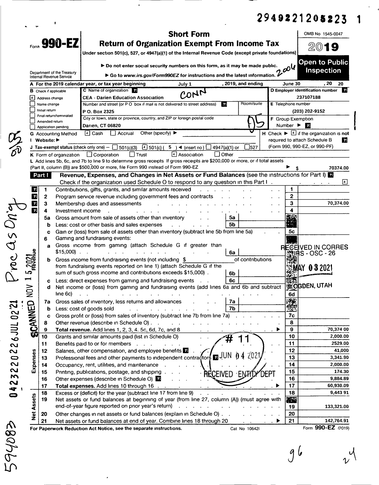 Image of first page of 2019 Form 990EO for Connecticut Education Association - Darien