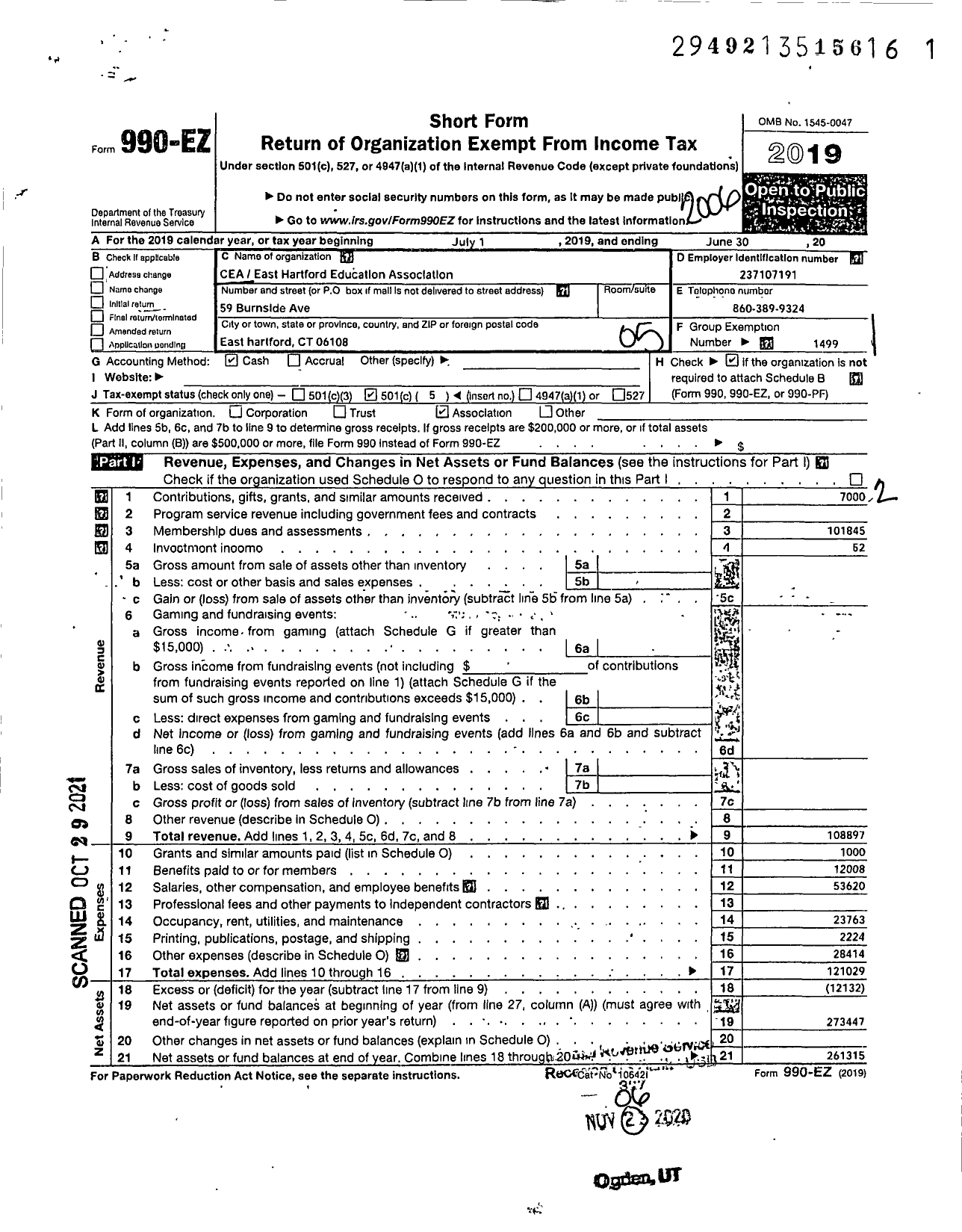 Image of first page of 2019 Form 990EO for Connecticut Education Association - East Hartford