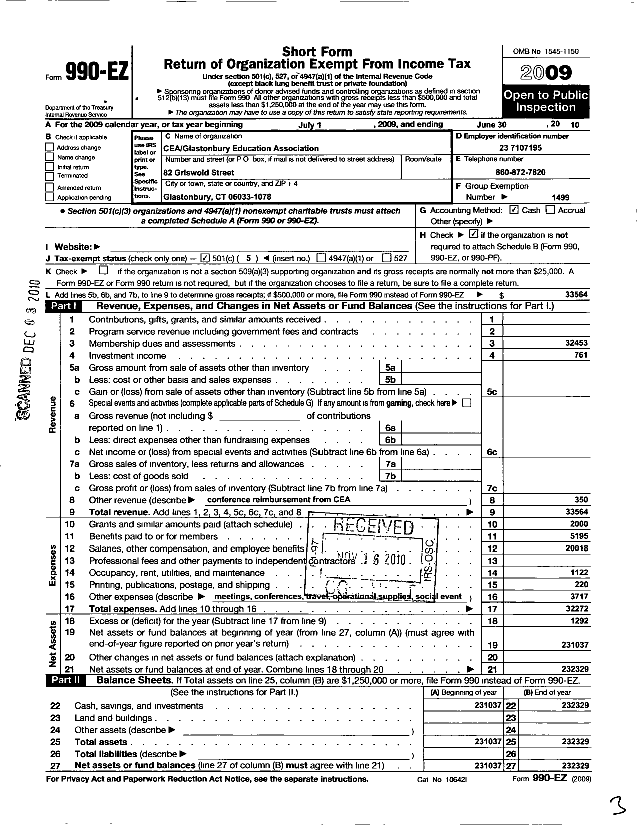 Image of first page of 2009 Form 990EO for Connecticut Education Association - Glastonbury Education Assocation