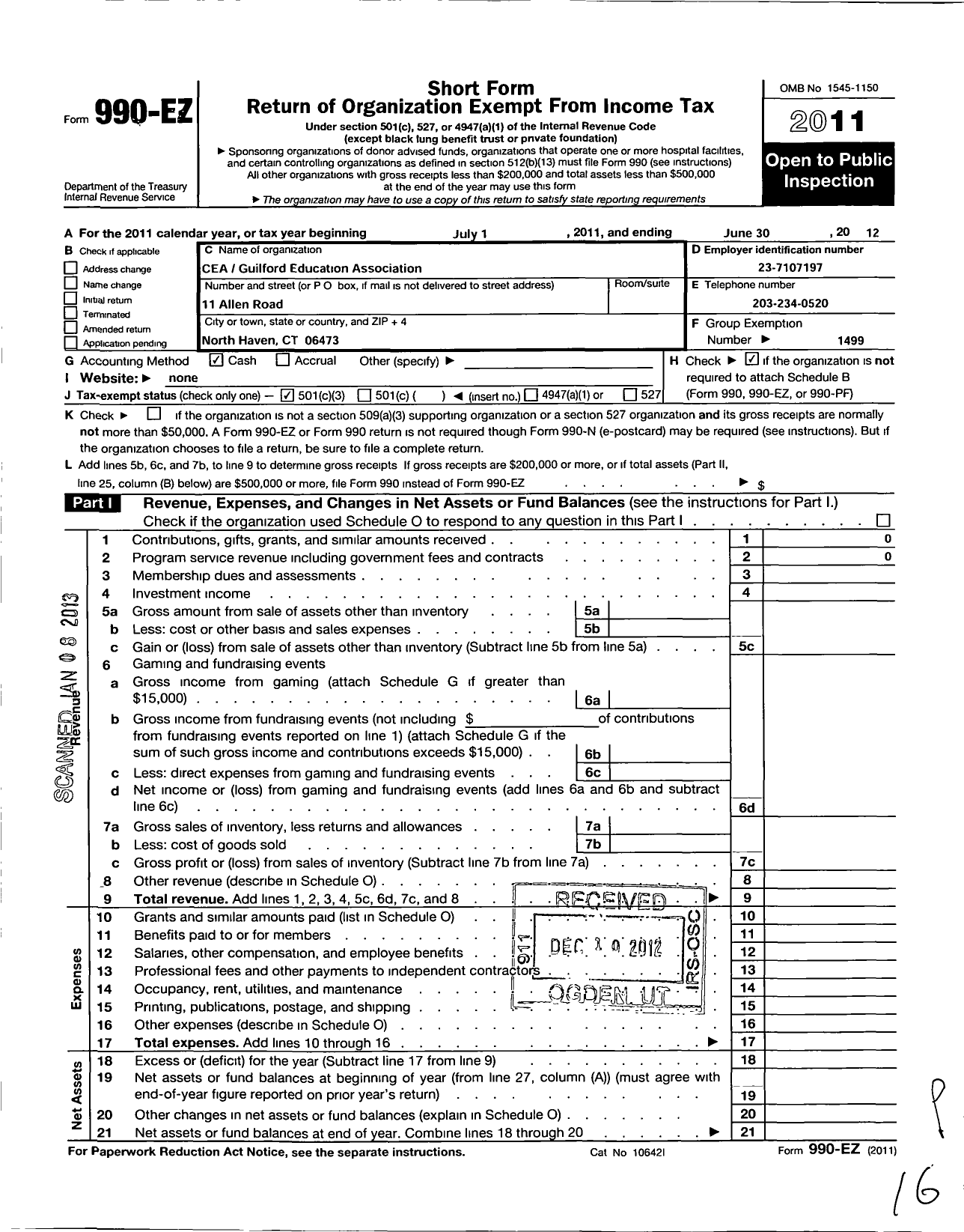 Image of first page of 2011 Form 990EZ for Connecticut Education Association - Guilford