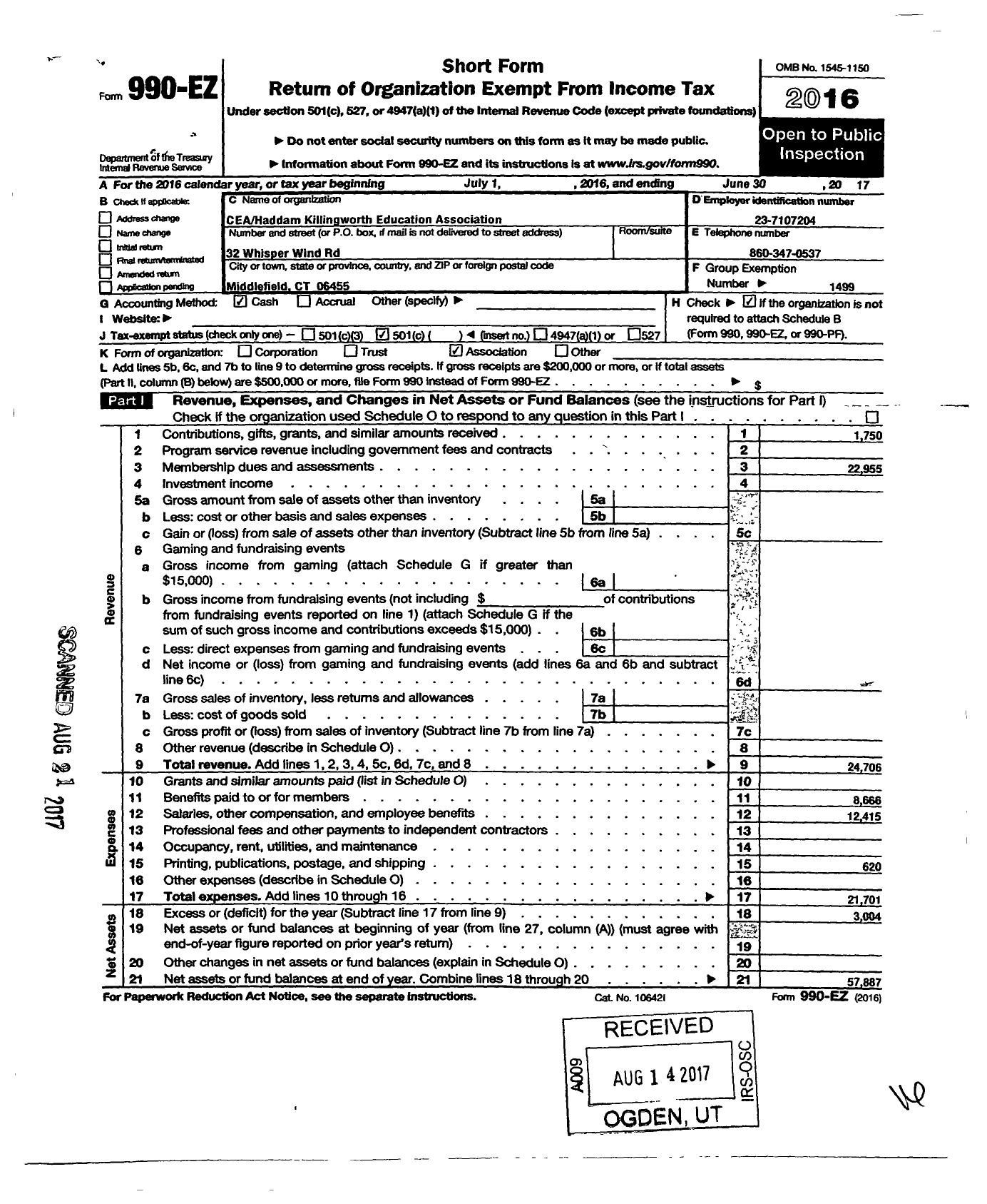 Image of first page of 2016 Form 990EO for Connecticut Education Association - 17 Region Haddam Killingworth