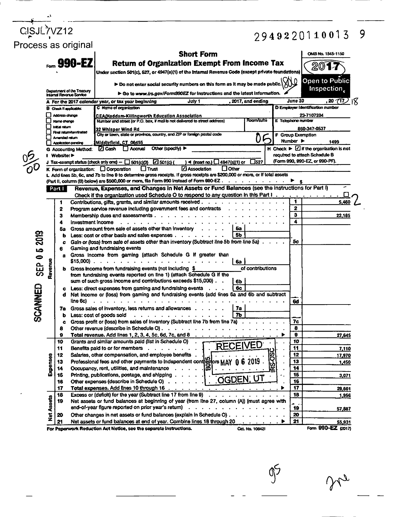 Image of first page of 2017 Form 990EO for Connecticut Education Association - 17 Region Haddam Killingworth