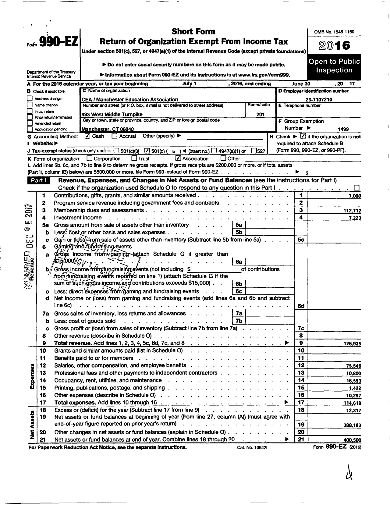 Image of first page of 2016 Form 990EO for Connecticut Education Association - Manchester