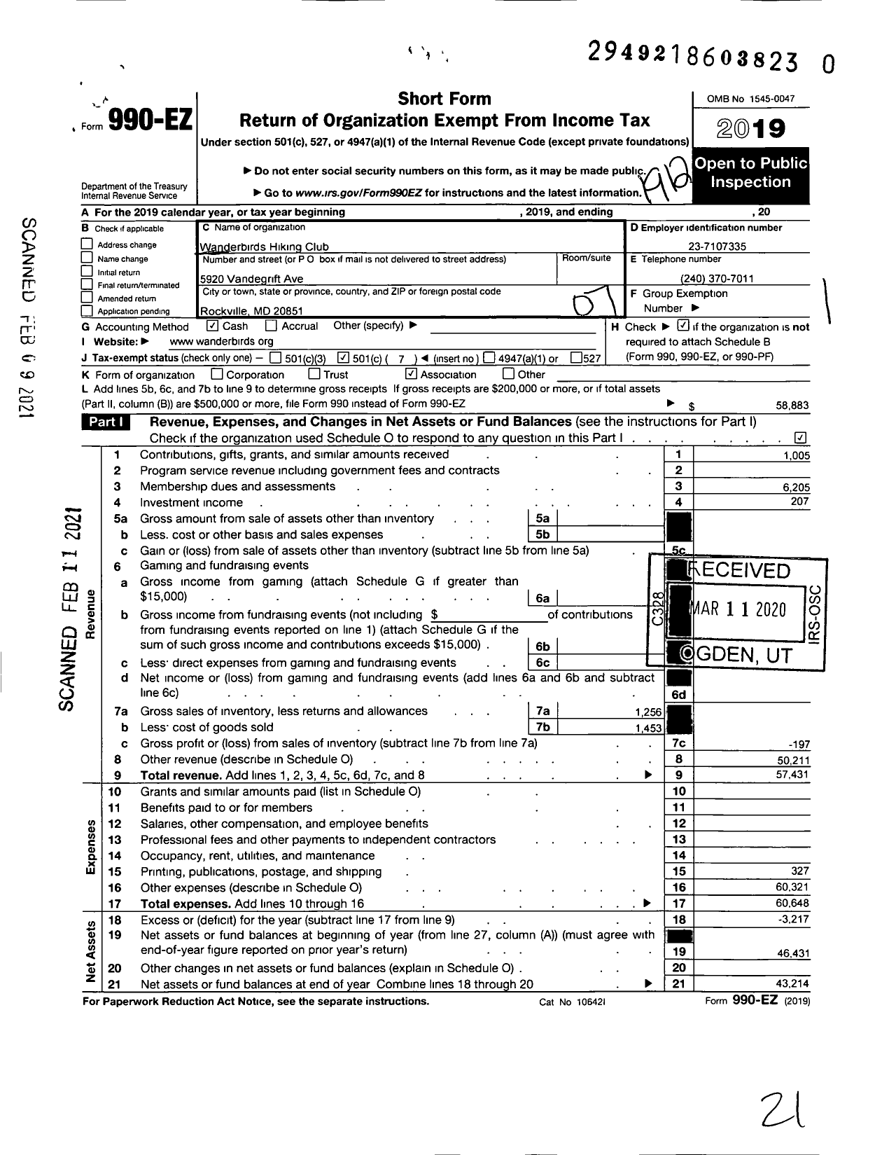 Image of first page of 2019 Form 990EO for Wanderbirds Hiking Club