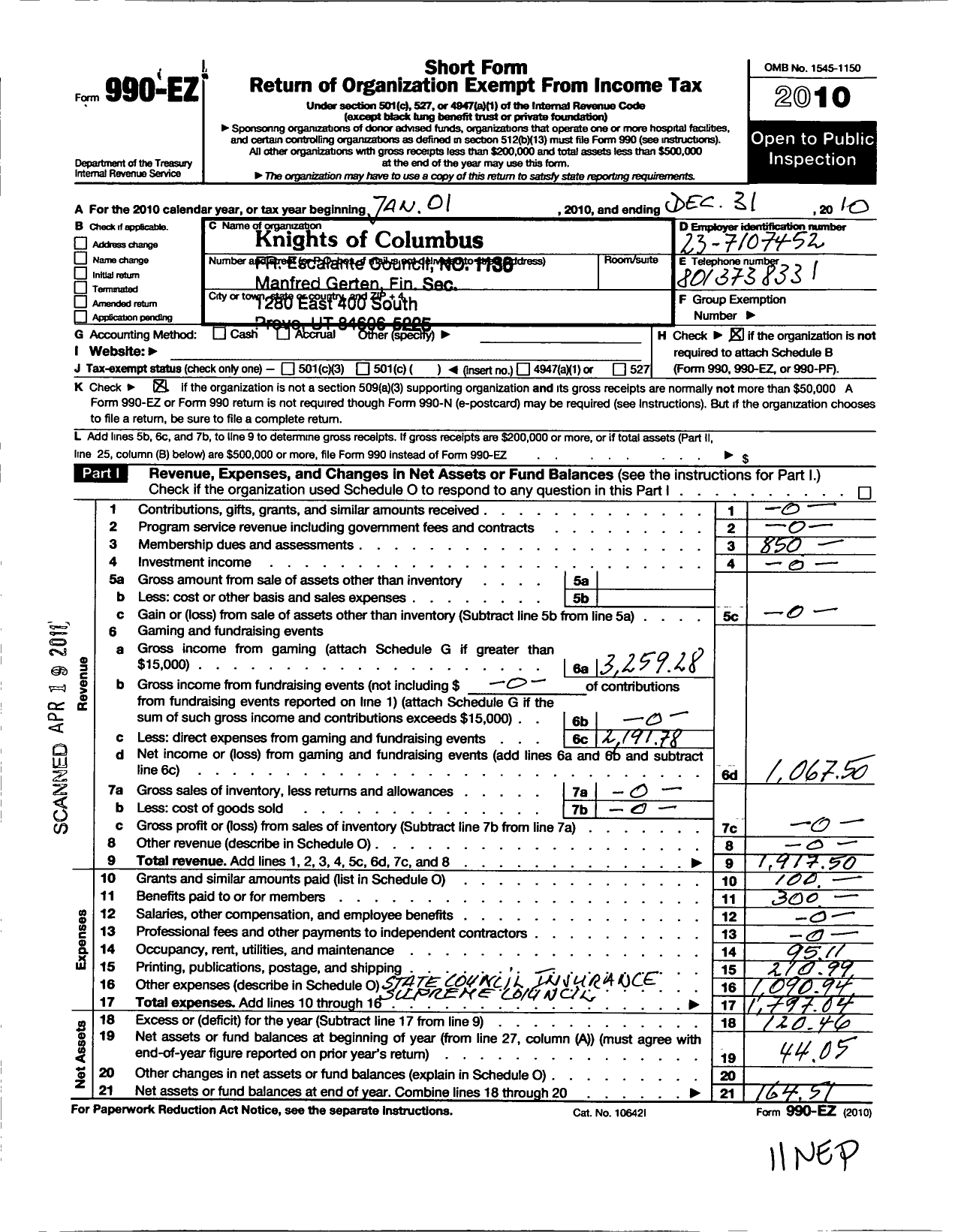 Image of first page of 2010 Form 990EO for Knights of Columbus - 1136 Escalante Council