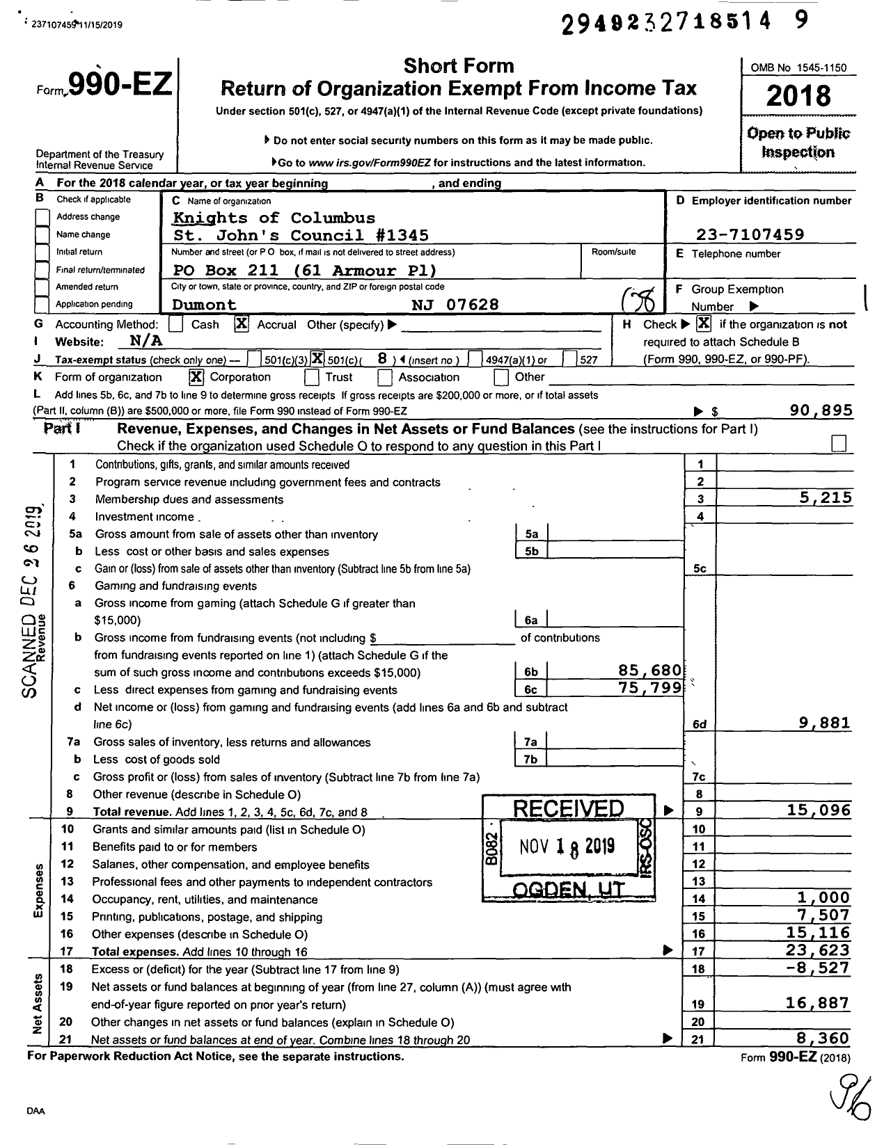 Image of first page of 2018 Form 990EO for Knights of Columbus