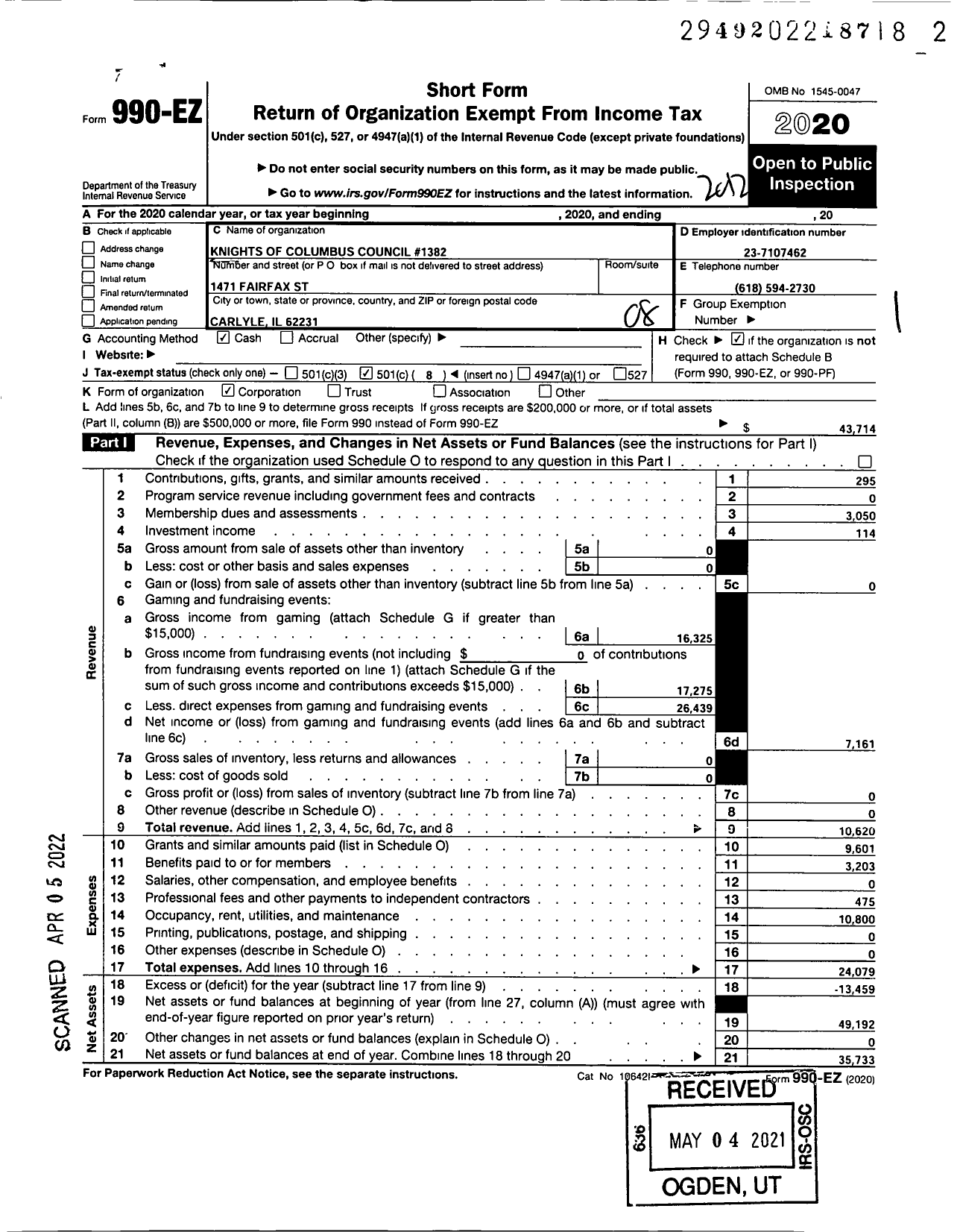 Image of first page of 2020 Form 990EO for Knights of Columbus - 1382 Carlyle Council