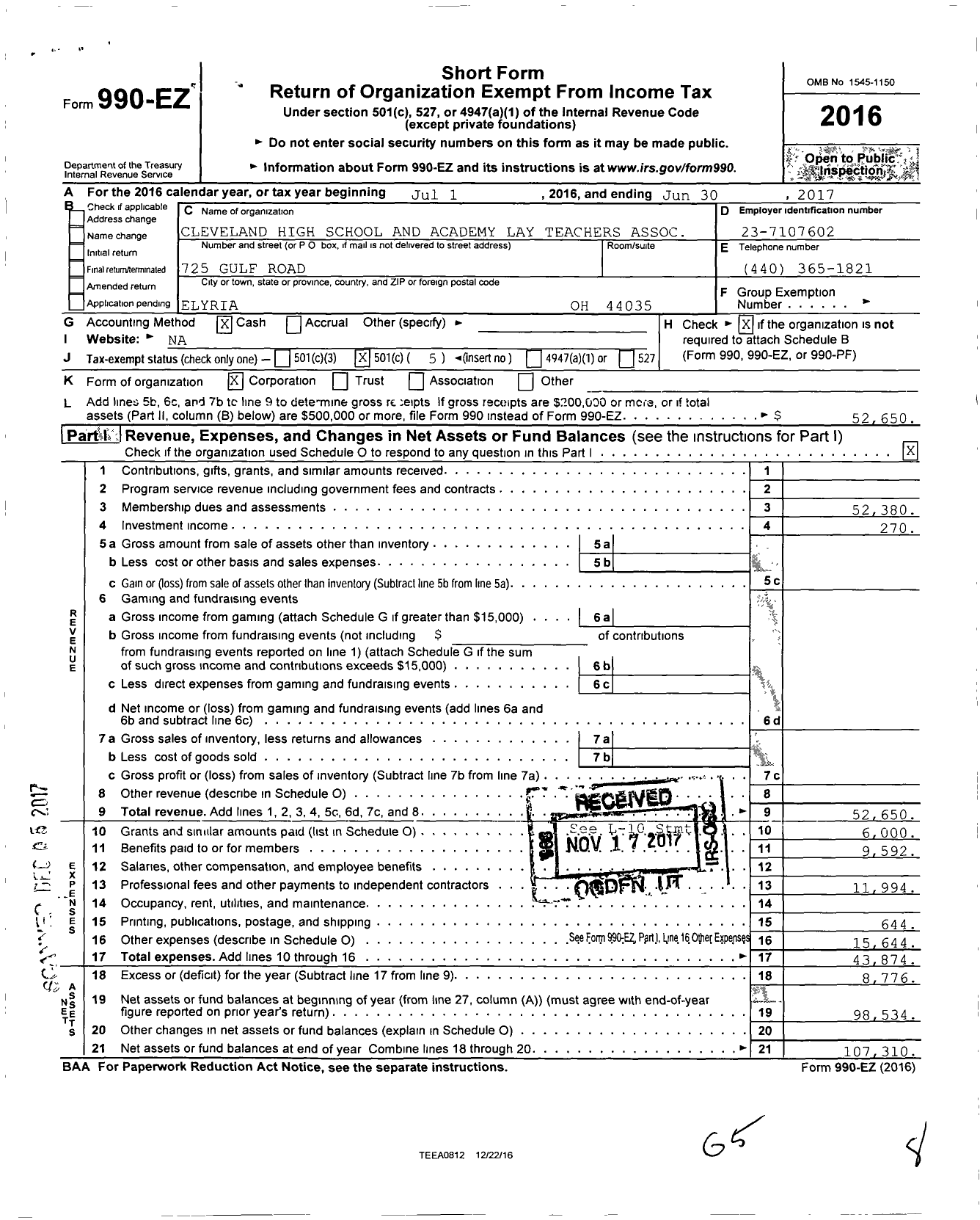 Image of first page of 2016 Form 990EO for Cleveland High School and Academy Lay Teachers Association