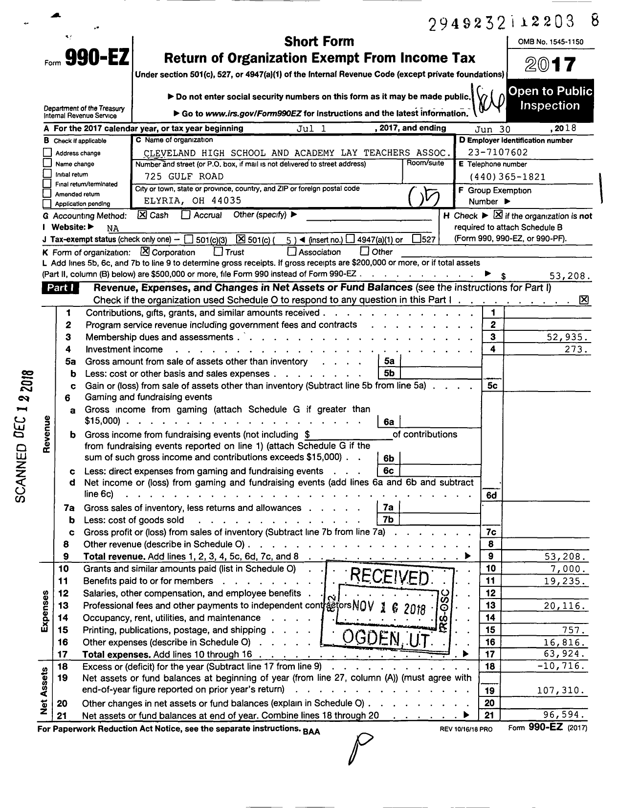 Image of first page of 2017 Form 990EO for Cleveland High School and Academy Lay Teachers Association