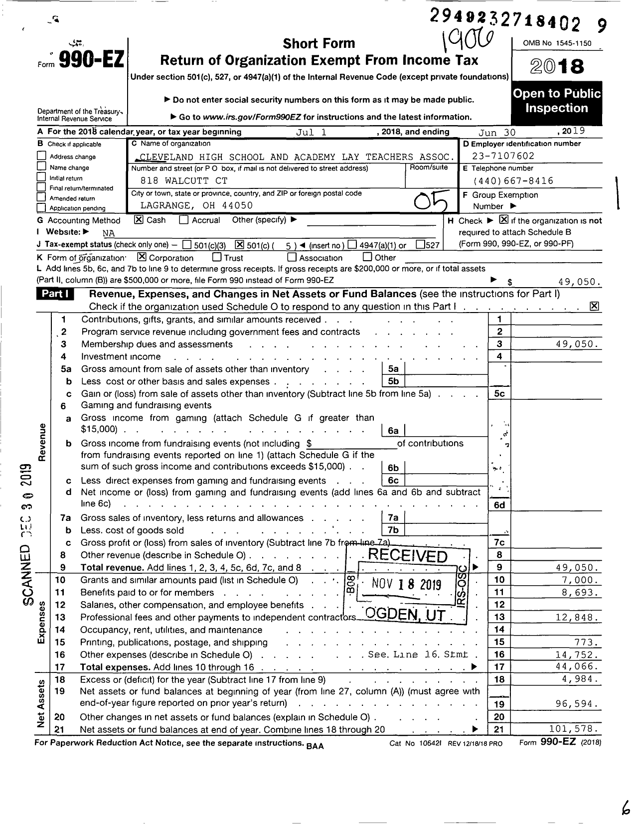 Image of first page of 2018 Form 990EO for Cleveland High School and Academy Lay Teachers Association