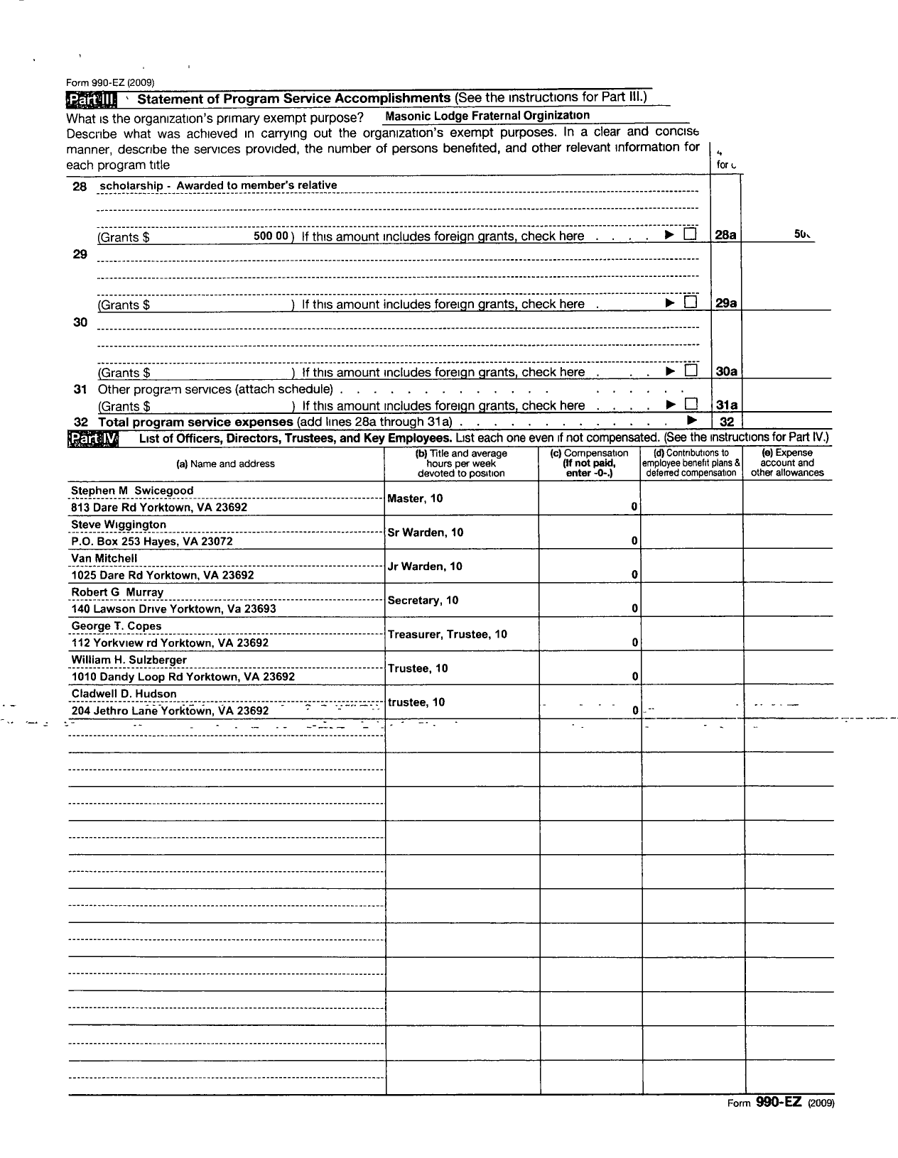 Image of first page of 2009 Form 990EOR for Free and Accepted Masons of Virginia - 205 Yorktown Lodge