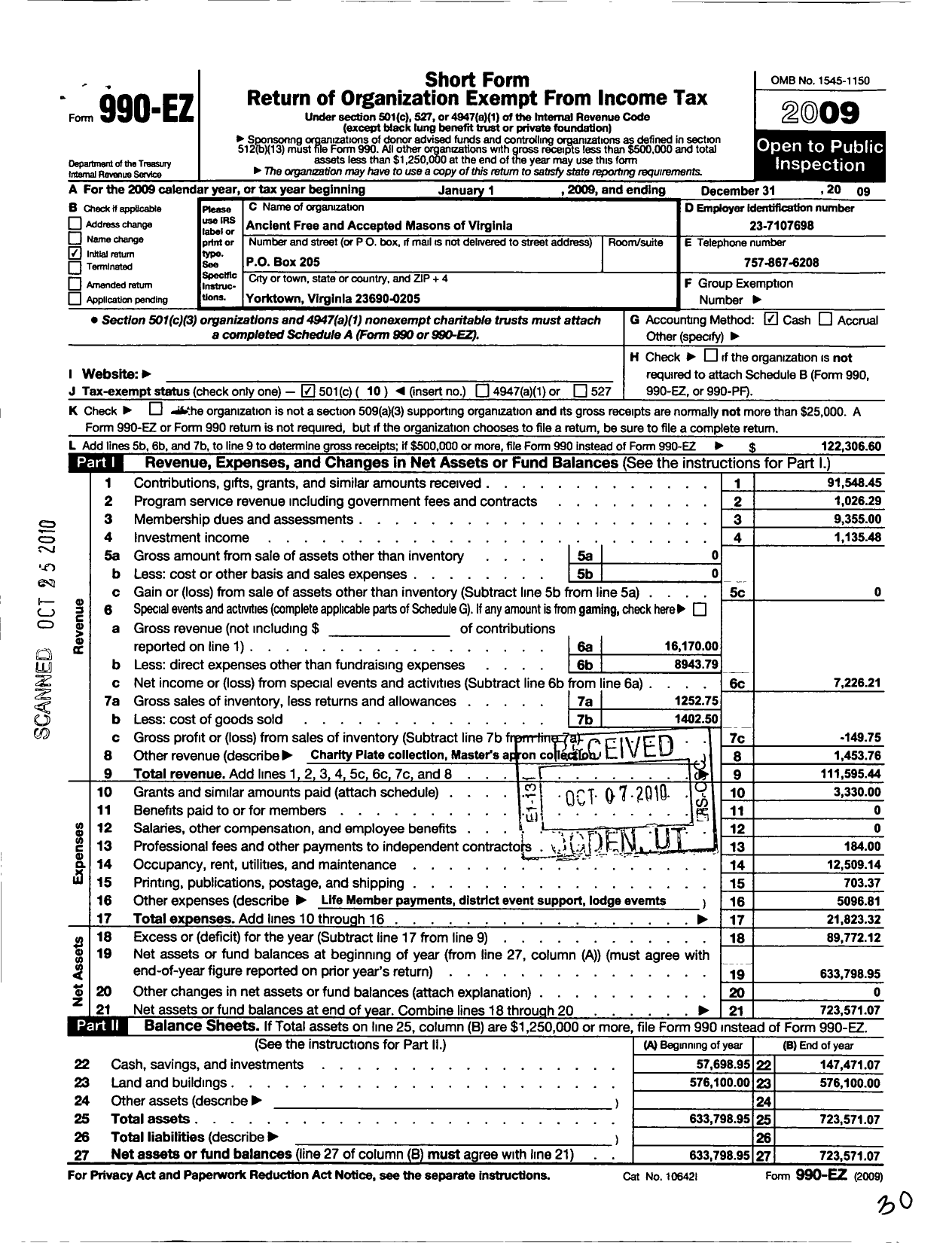 Image of first page of 2009 Form 990EO for Free and Accepted Masons of Virginia - 205 Yorktown Lodge