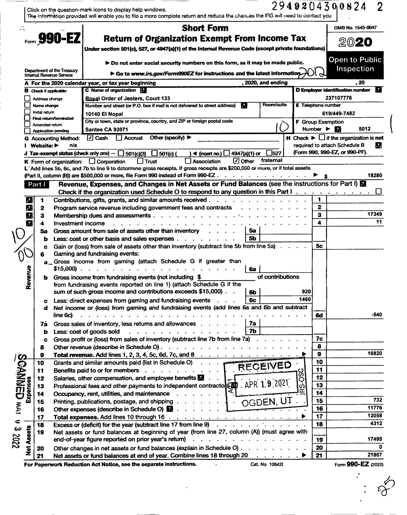 Image of first page of 2020 Form 990EO for Royal Order of Jesters - 133 San Diego Court