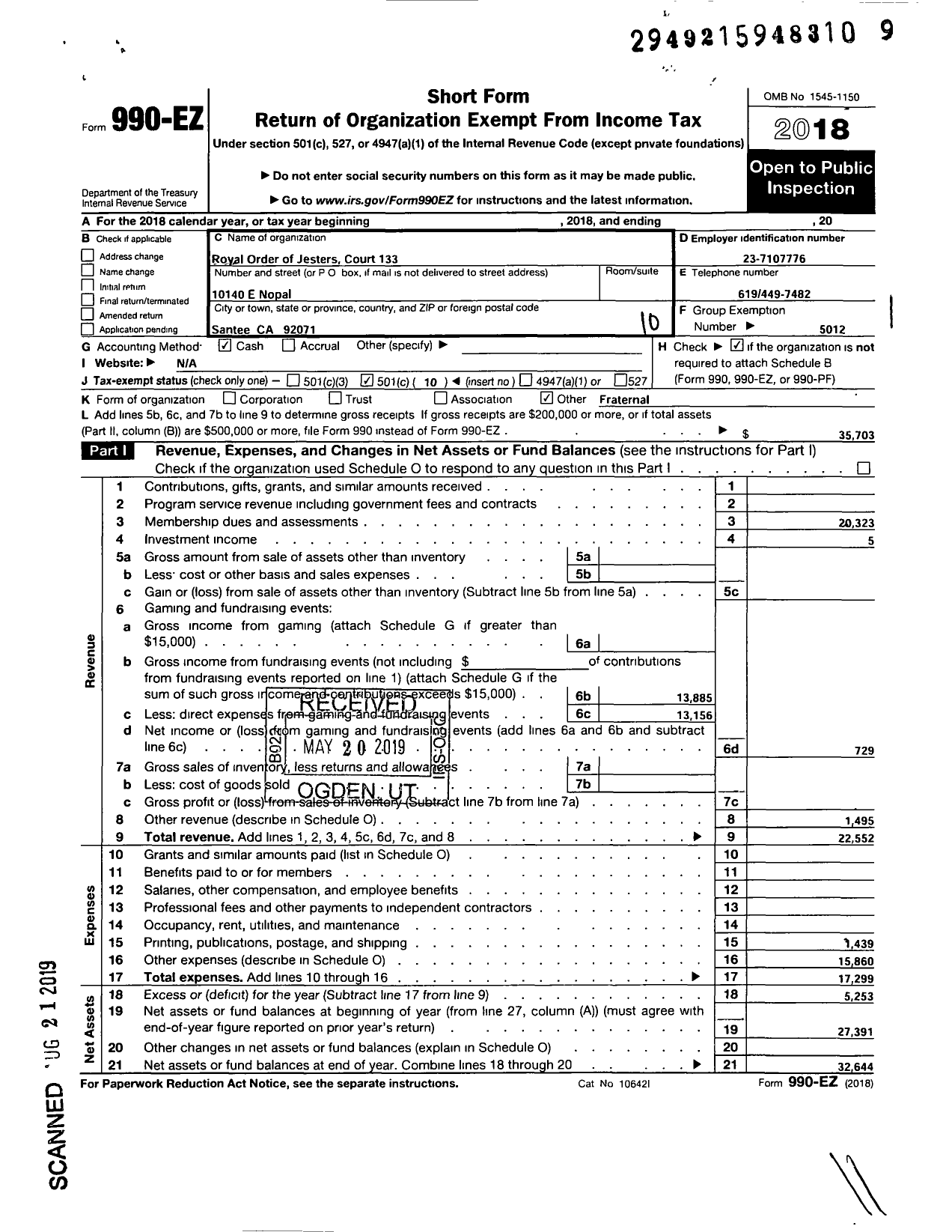 Image of first page of 2018 Form 990EO for Royal Order of Jesters - 133 San Diego Court