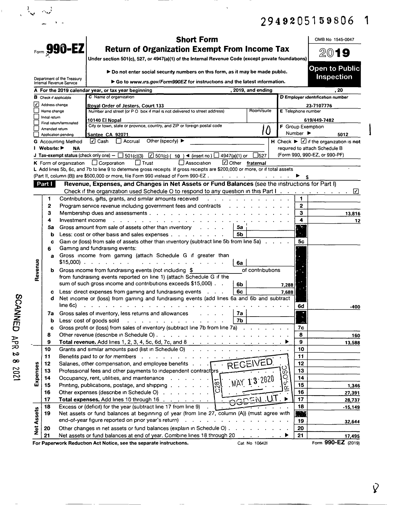 Image of first page of 2019 Form 990EO for Royal Order of Jesters - 133 San Diego Court