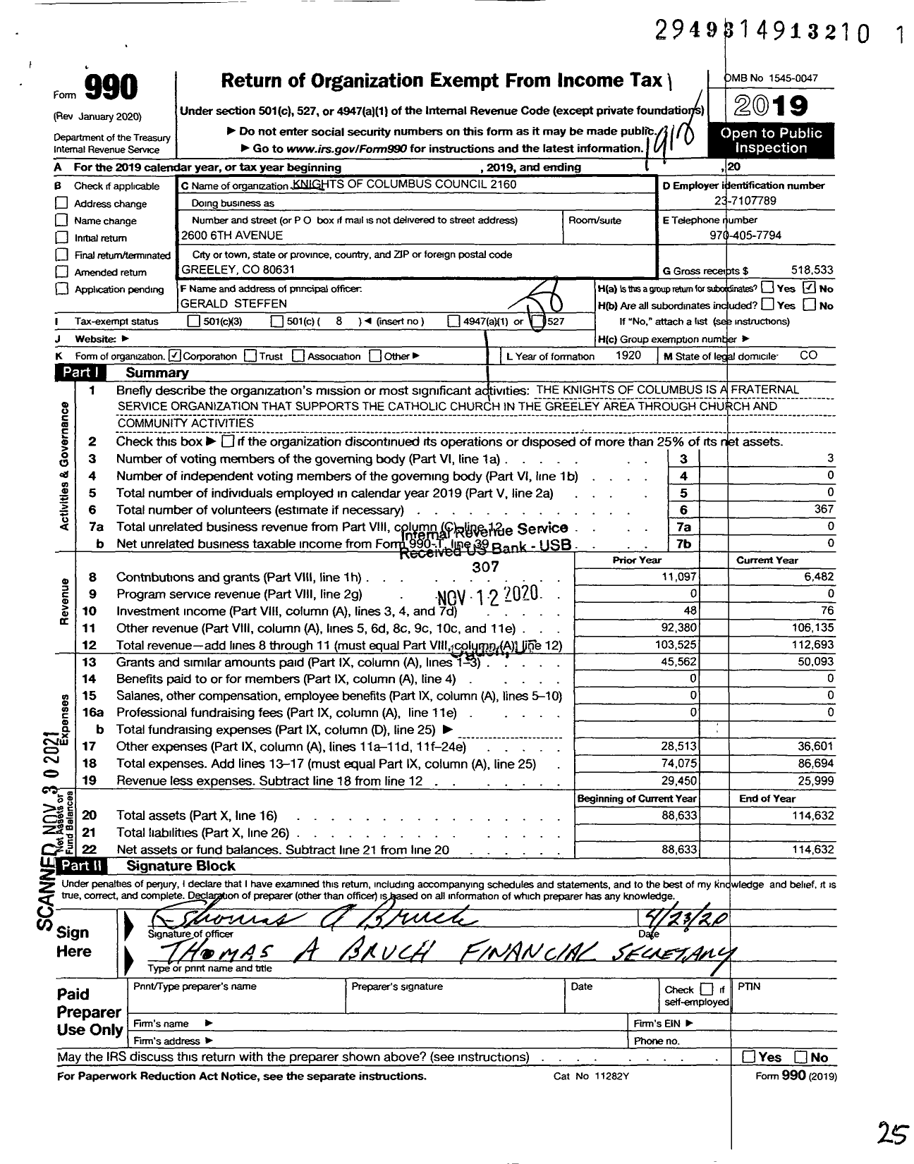 Image of first page of 2019 Form 990O for Knights of Columbus - 2160 Greeley Council