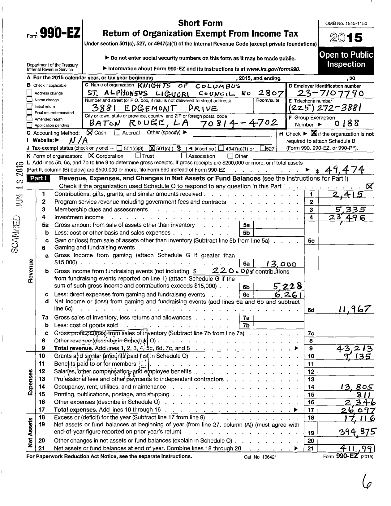 Image of first page of 2015 Form 990EO for Knights of Columbus - 2807 St Alphonsus Liguori Council