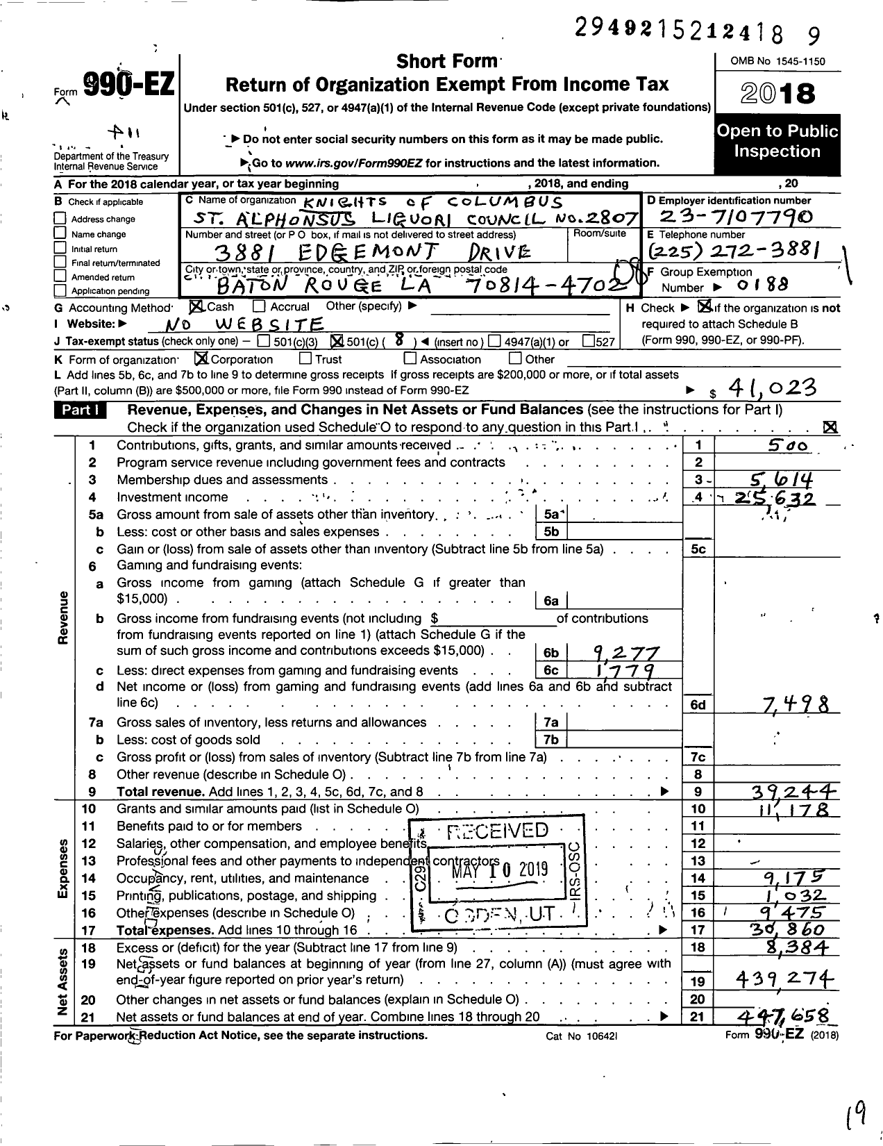 Image of first page of 2018 Form 990EO for Knights of Columbus - 2807 St Alphonsus Liguori Council