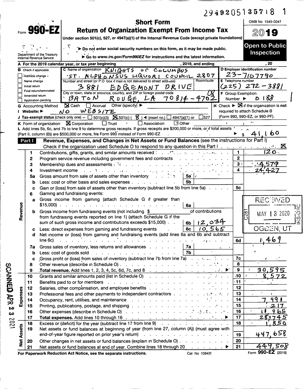 Image of first page of 2019 Form 990EO for Knights of Columbus - 2807 St Alphonsus Liguori Council