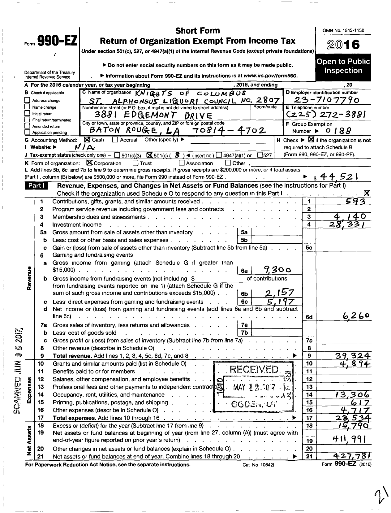 Image of first page of 2016 Form 990EO for Knights of Columbus - 2807 St Alphonsus Liguori Council