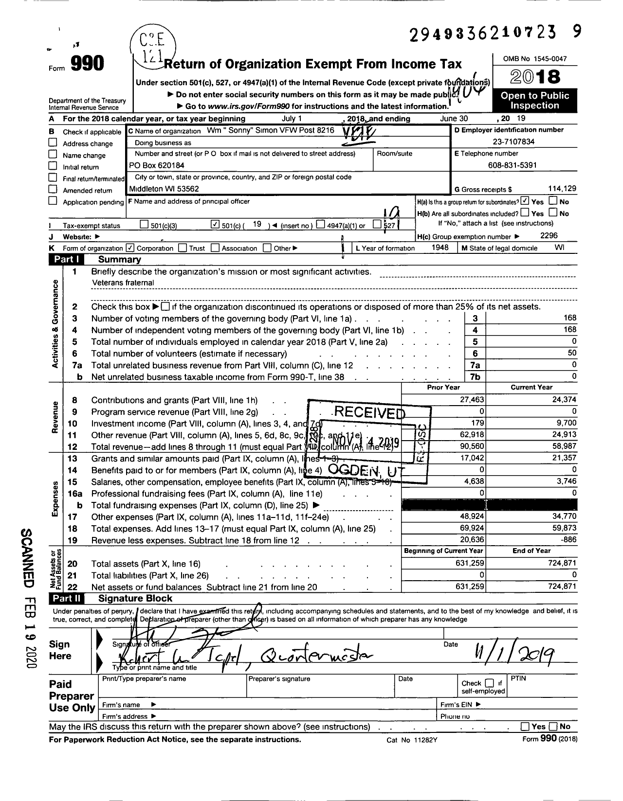 Image of first page of 2018 Form 990O for VFW Wi - 8216 William Sonny Simon Post