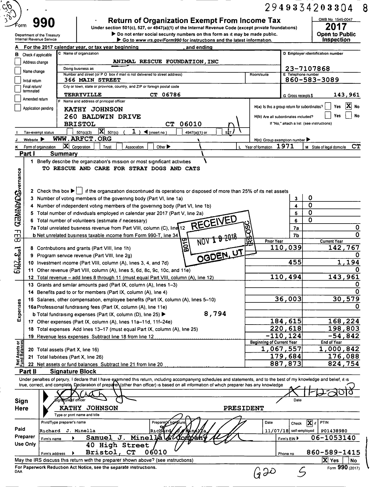 Image of first page of 2017 Form 990O for Animal Rescue Foundation