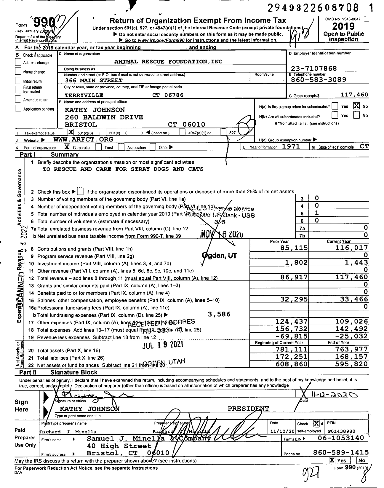 Image of first page of 2019 Form 990 for Animal Rescue Foundation