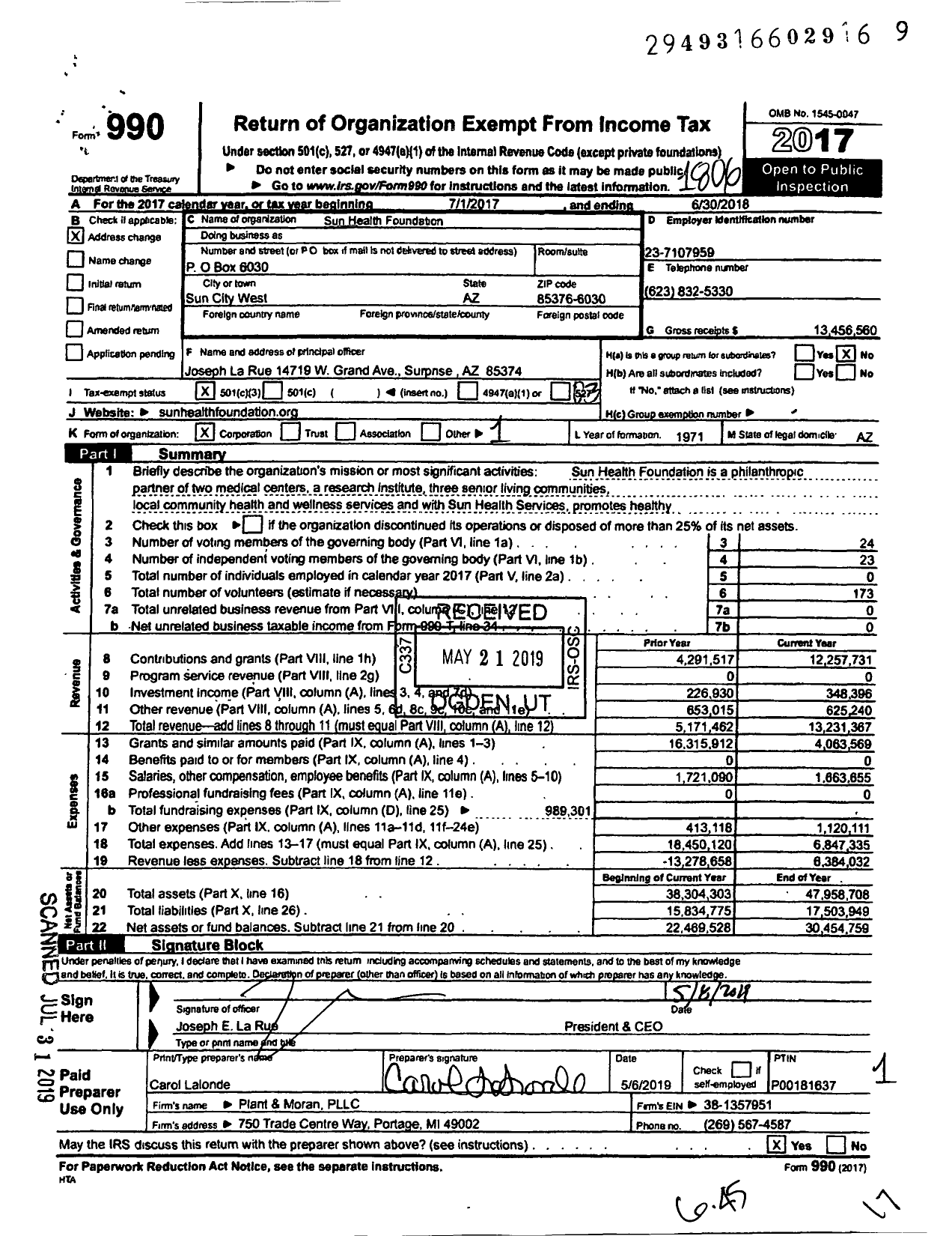 Image of first page of 2017 Form 990 for Sun Health Foundation