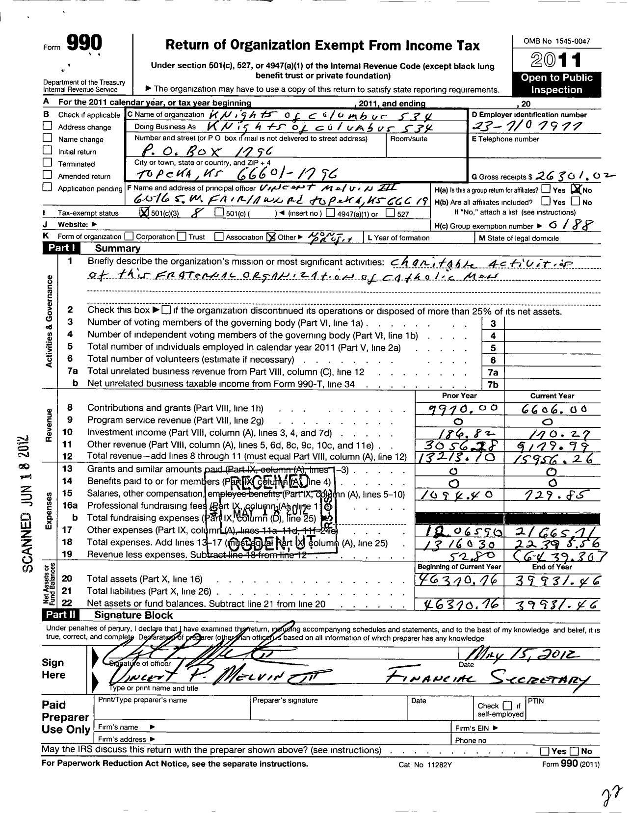 Image of first page of 2011 Form 990O for Knights of Columbus - 534 Topeka Council