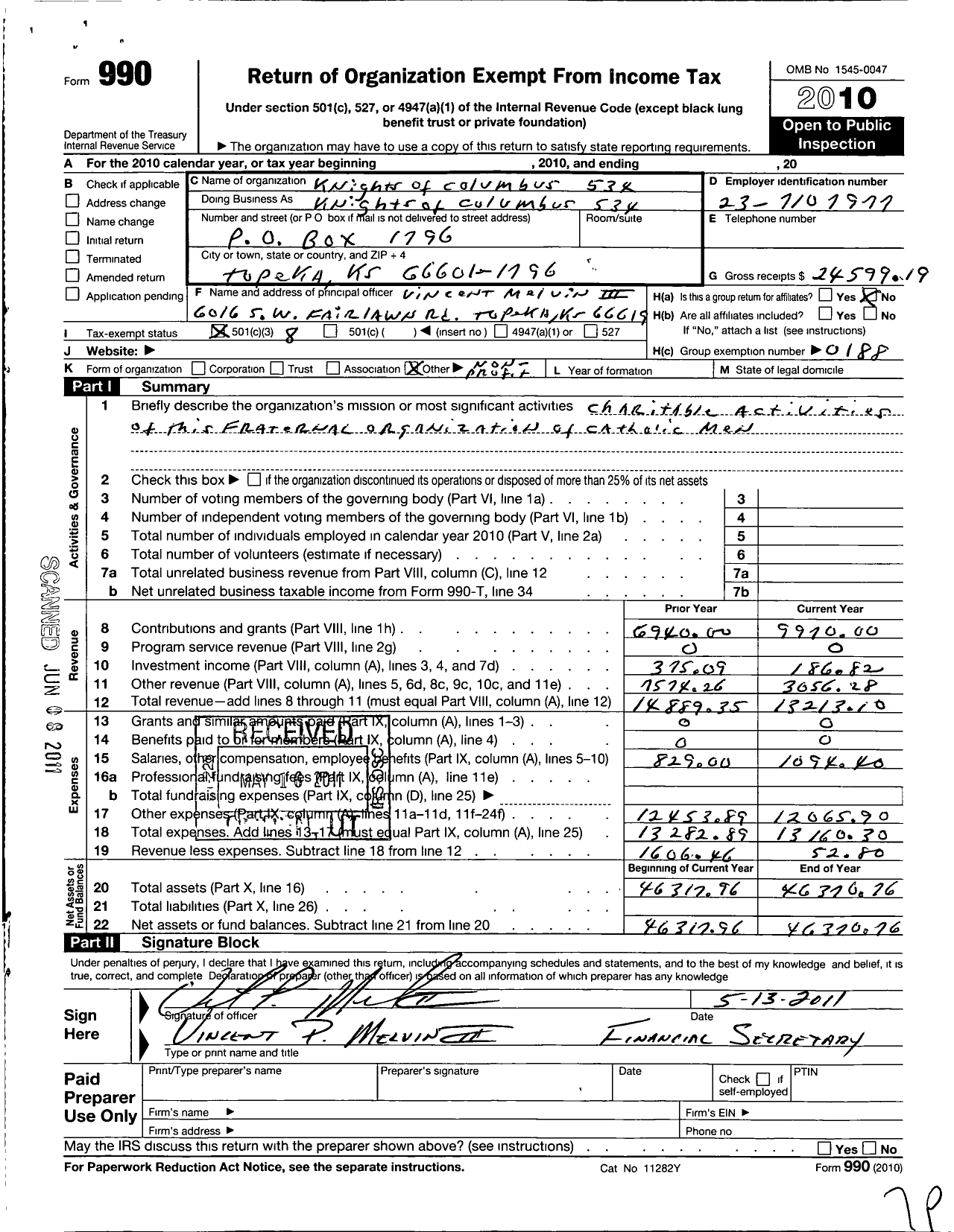 Image of first page of 2010 Form 990O for Knights of Columbus - 534 Topeka Council