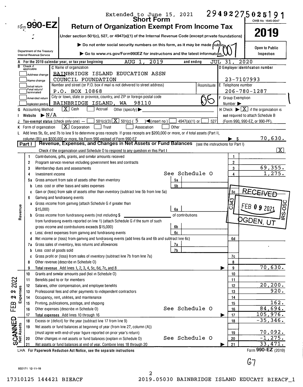 Image of first page of 2019 Form 990EO for Bainbridge Island Education Association Council Foundation