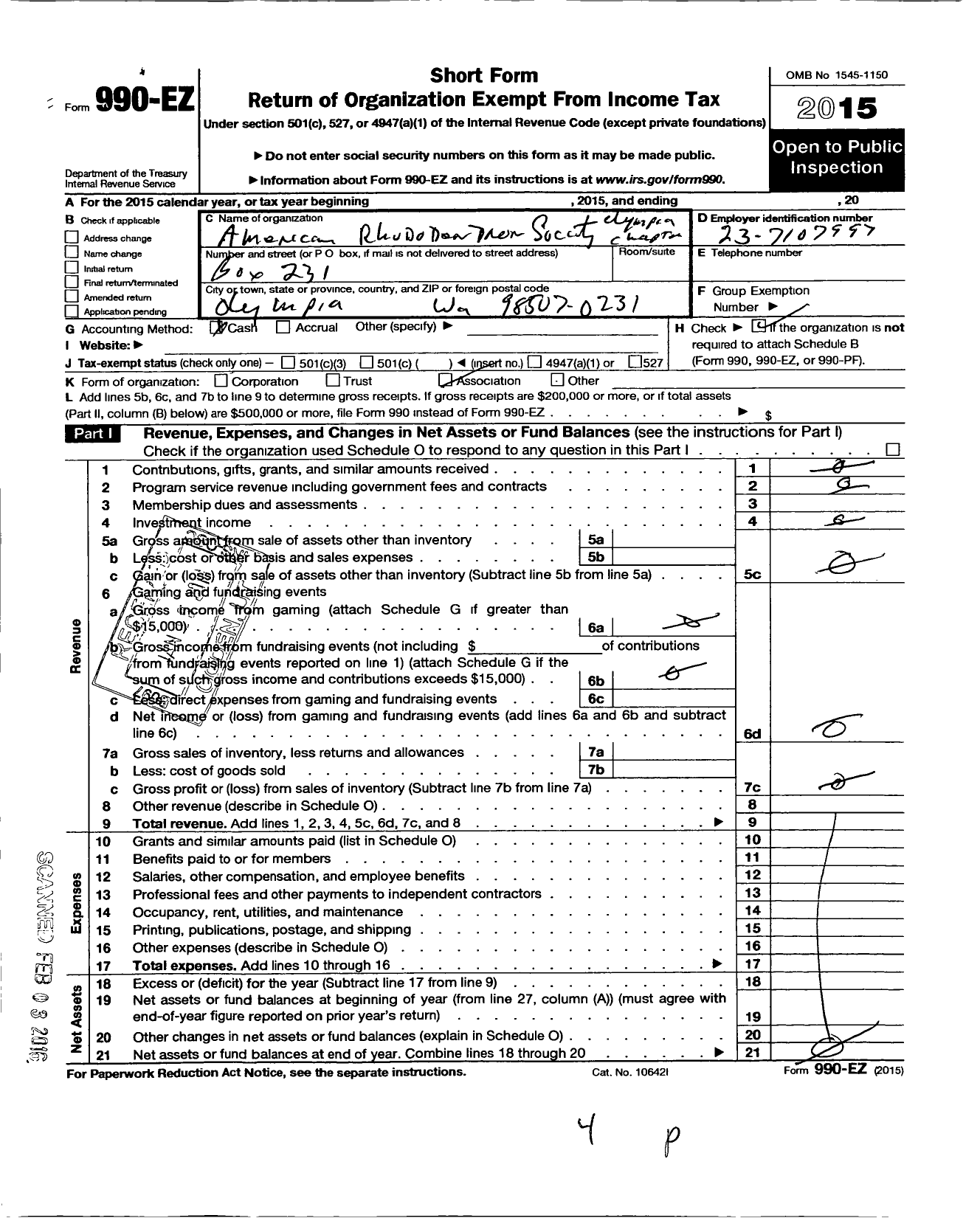 Image of first page of 2015 Form 990EO for American Rhododendron Society / Olympia Chapter