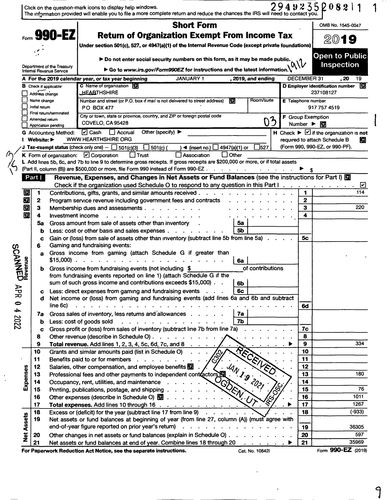 Image of first page of 2019 Form 990EZ for Hearthshire