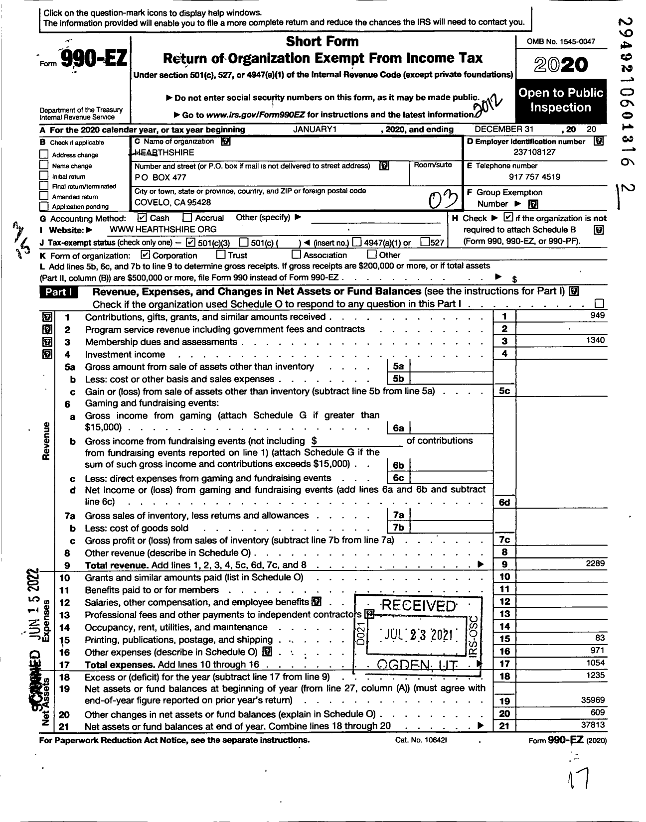 Image of first page of 2020 Form 990EZ for Hearthshire