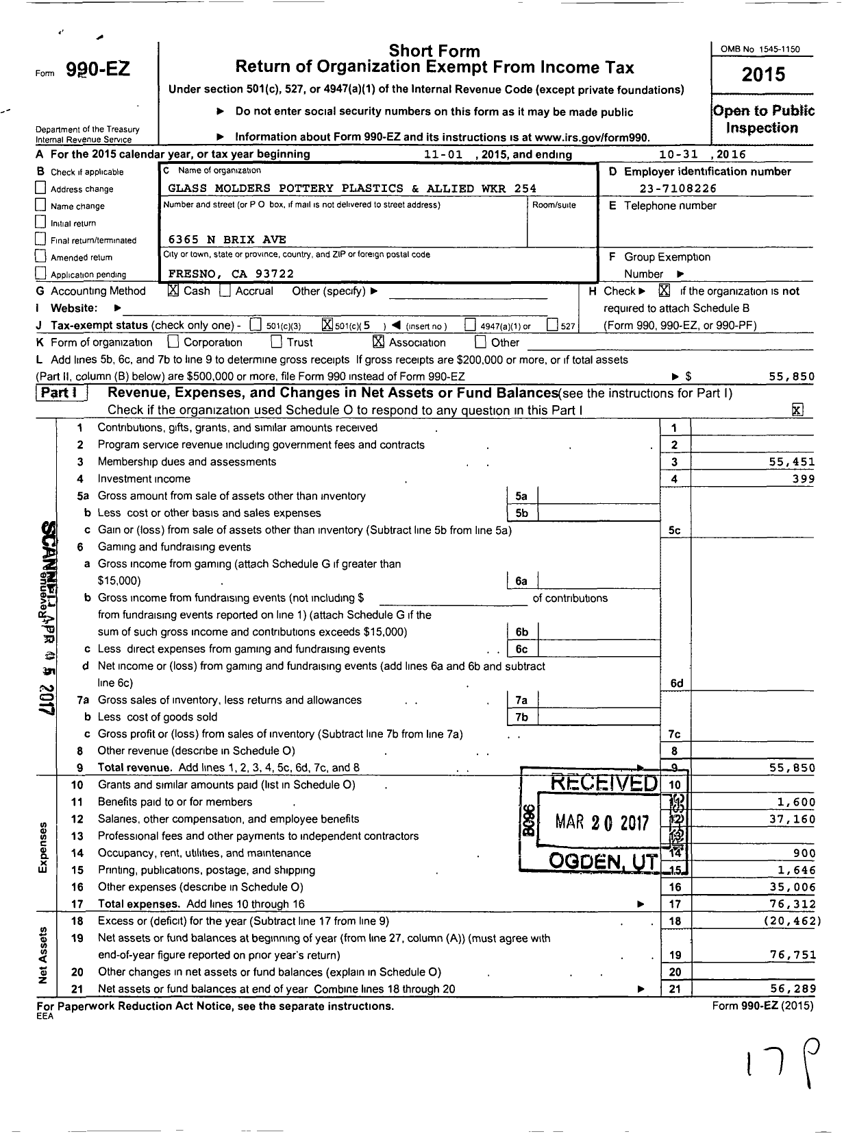 Image of first page of 2015 Form 990EO for Glass Molders Pottery Plastics and Allied Workers - 254 Local