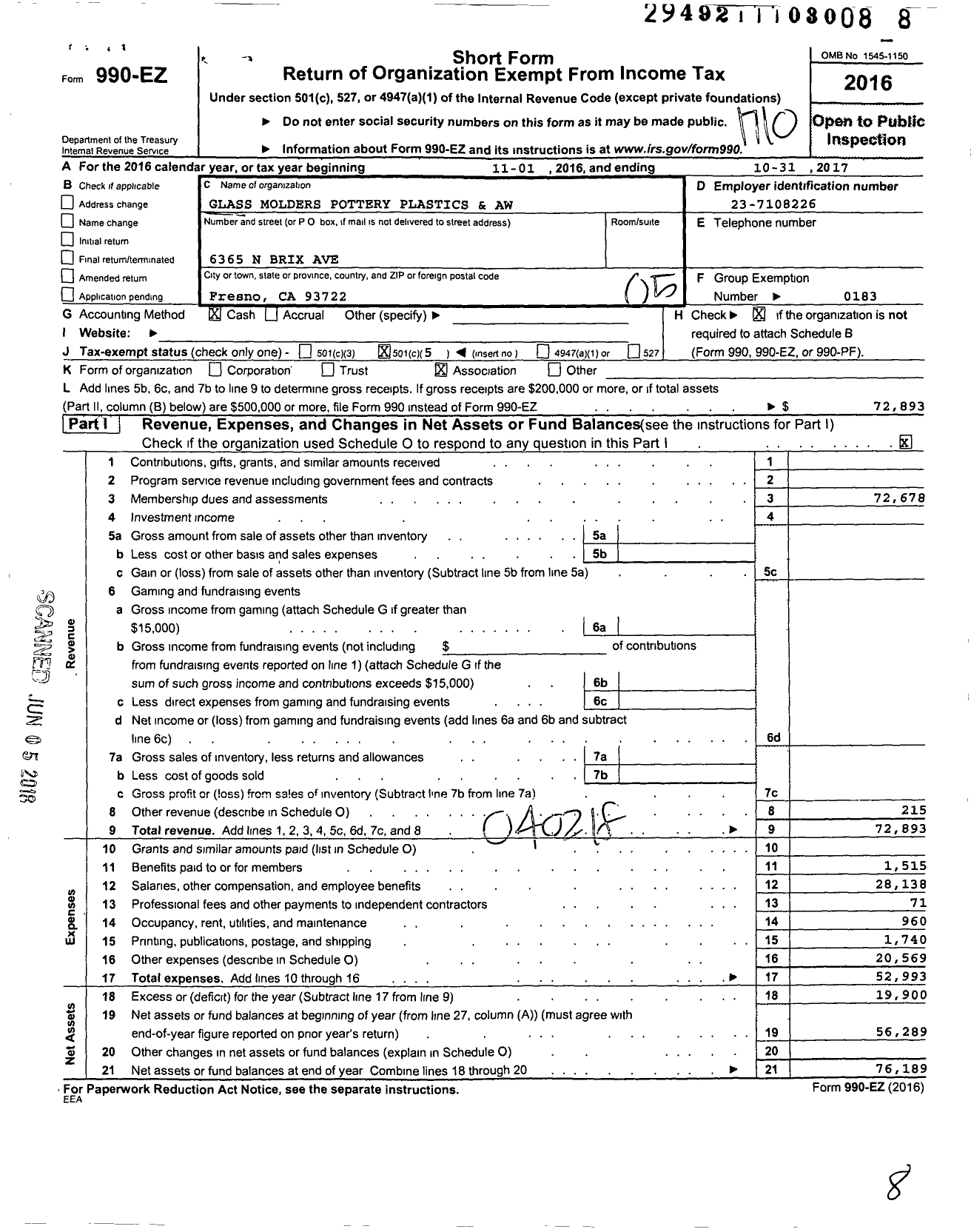 Image of first page of 2016 Form 990EO for Glass Molders Pottery Plastics and Allied Workers - 254 Local