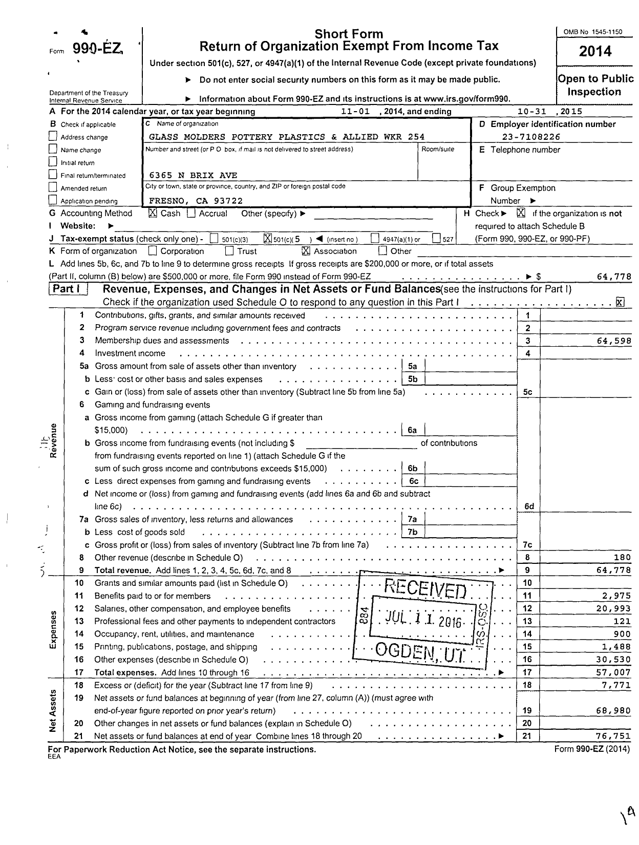 Image of first page of 2014 Form 990EO for Glass Molders Pottery Plastics and Allied Workers - 254 Local