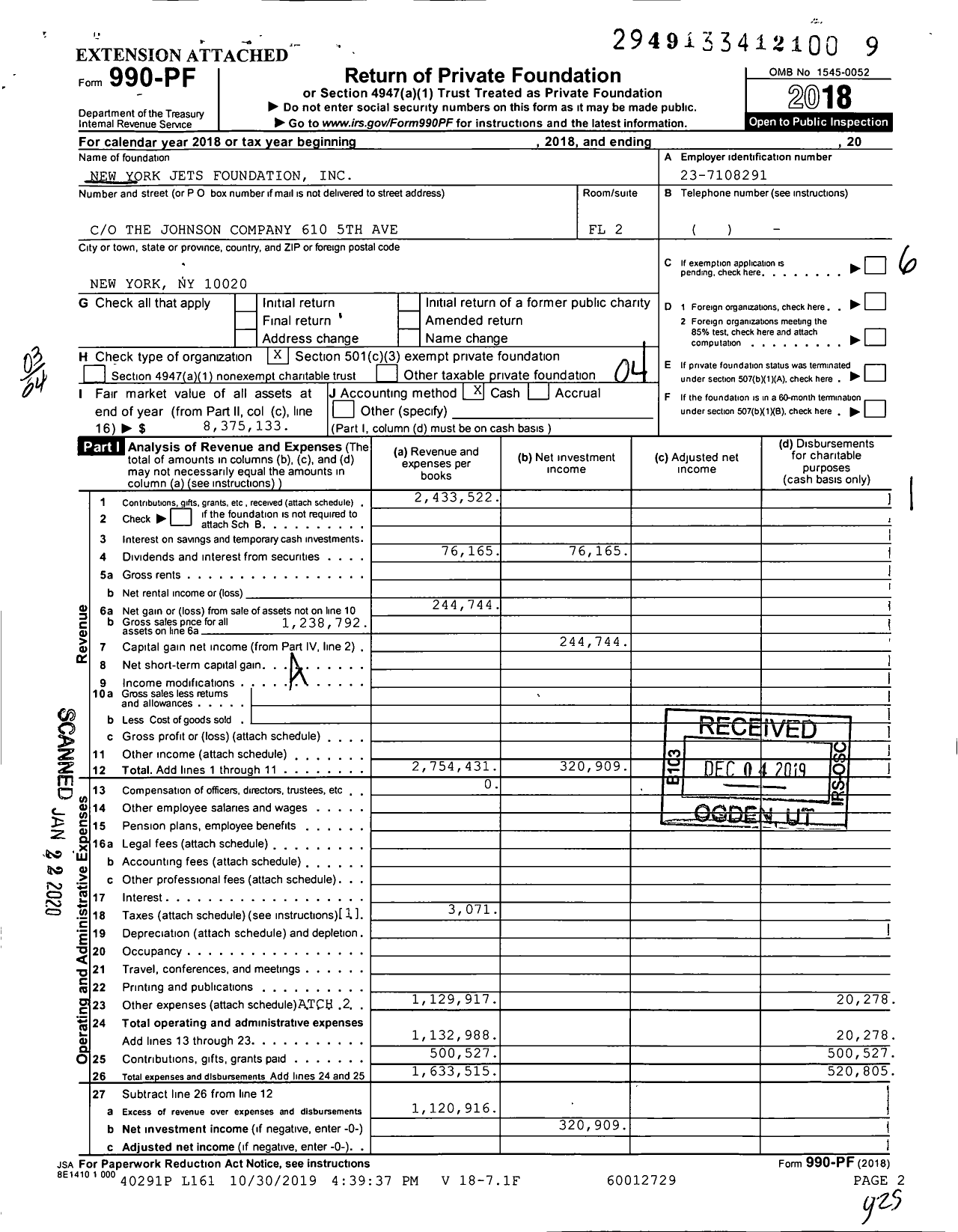 Image of first page of 2018 Form 990PF for New York Jets Foundation