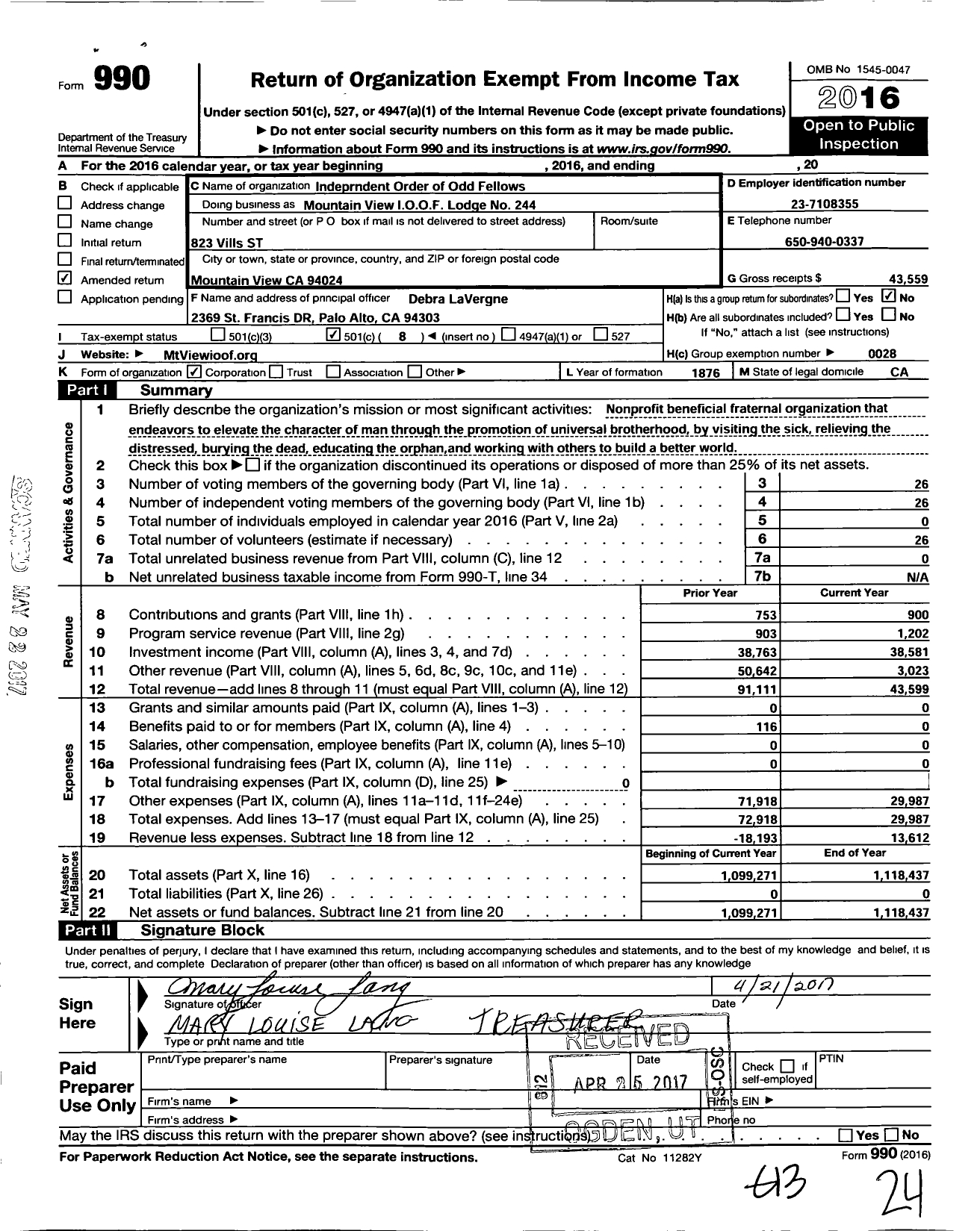 Image of first page of 2016 Form 990O for Independent Order of Odd Fellows - Mountain View Odd Fellow Lodge No 244