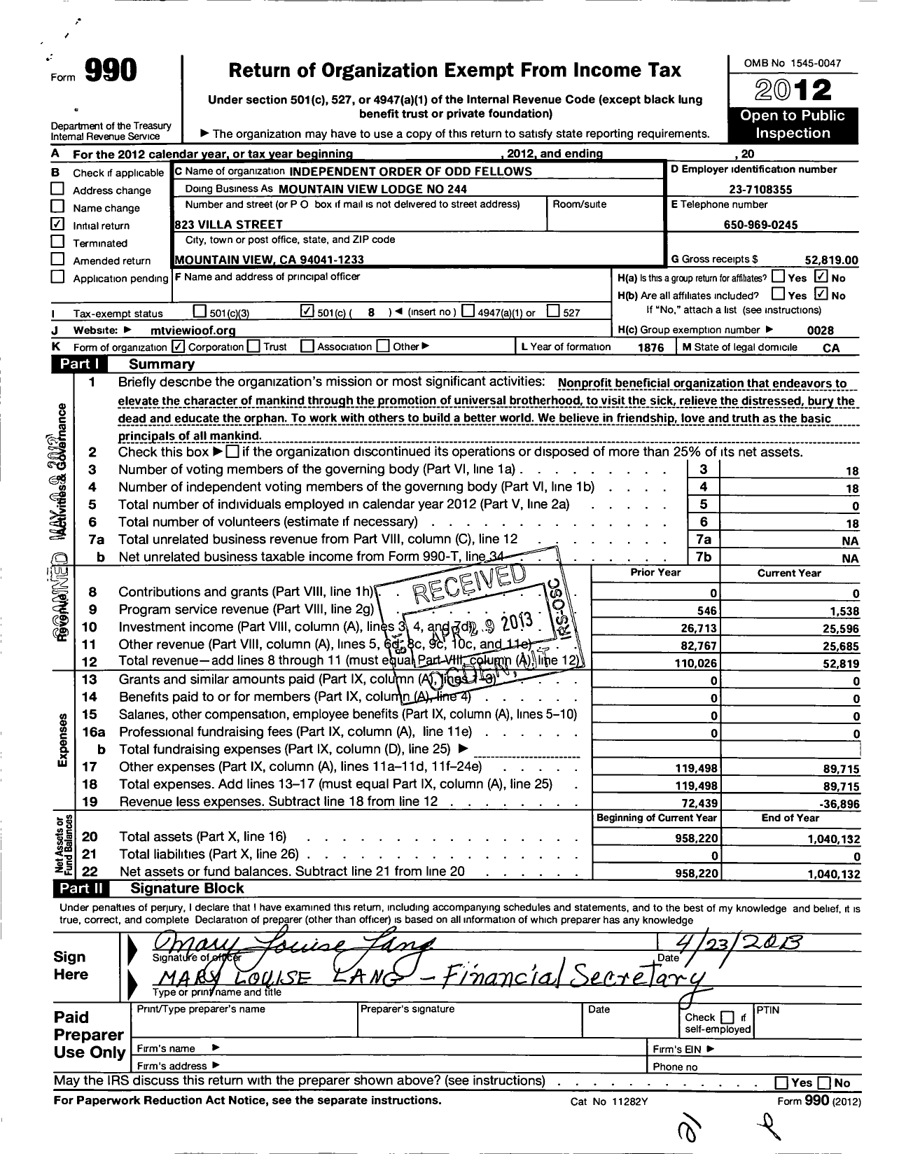 Image of first page of 2012 Form 990O for Independent Order of Odd Fellows - Mountain View Odd Fellow Lodge No 244