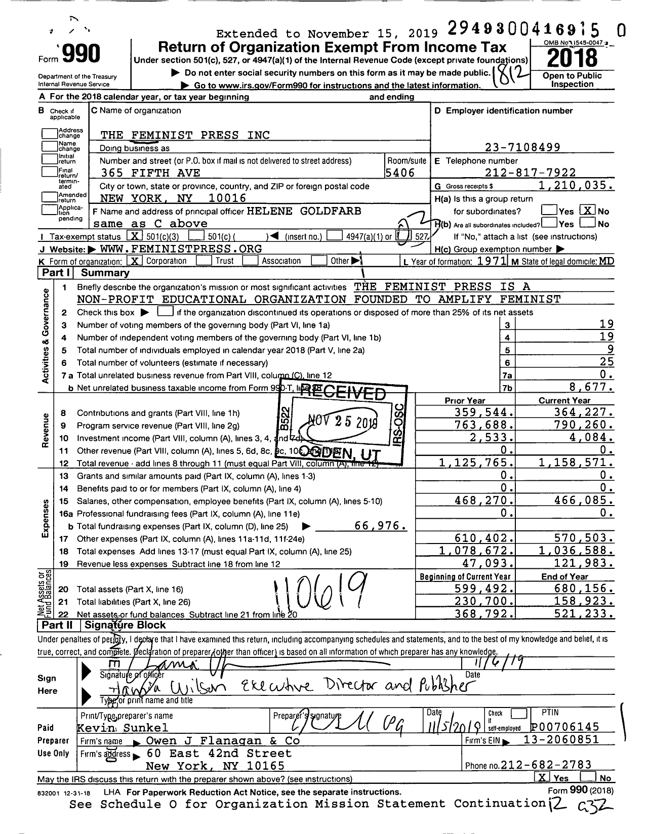 Image of first page of 2018 Form 990 for The Feminist Press