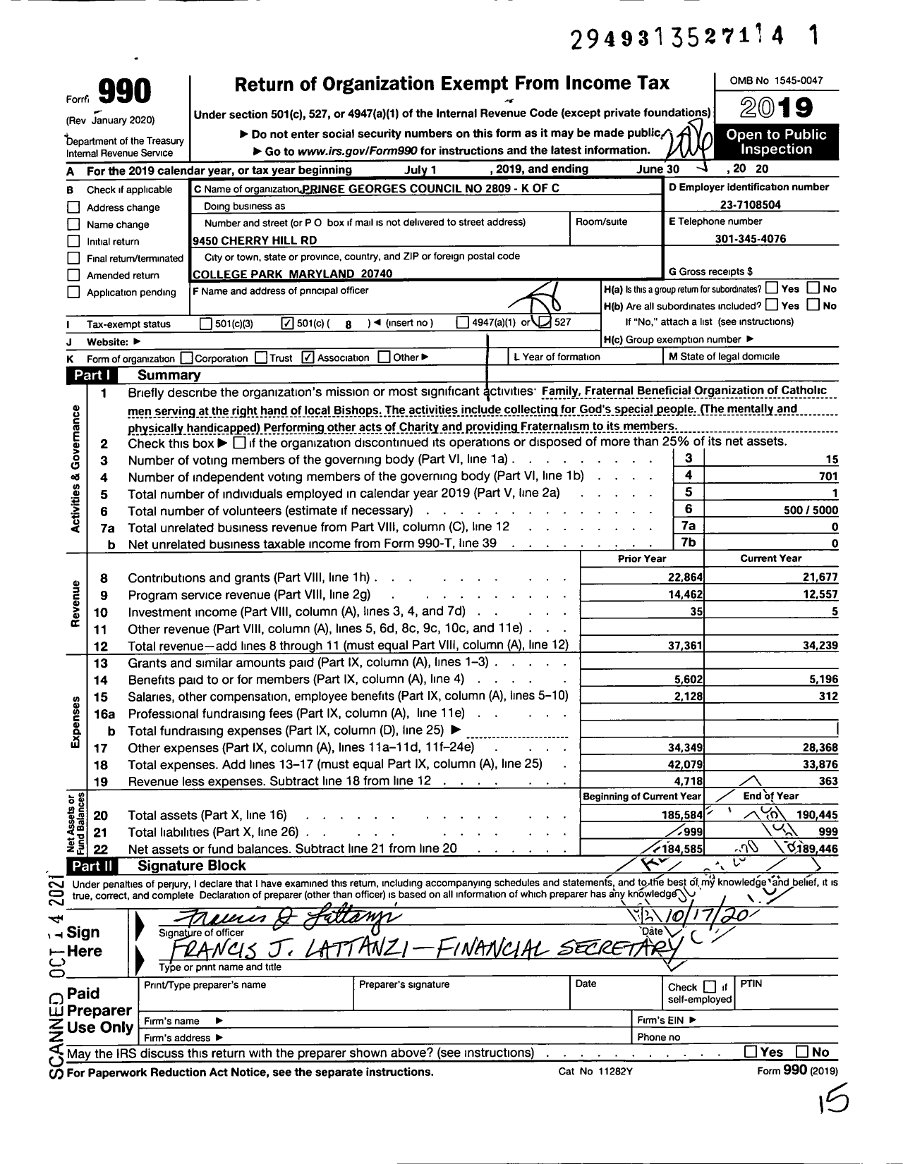 Image of first page of 2019 Form 990O for Prince Georges Council No 2809 - Knights of Columbus