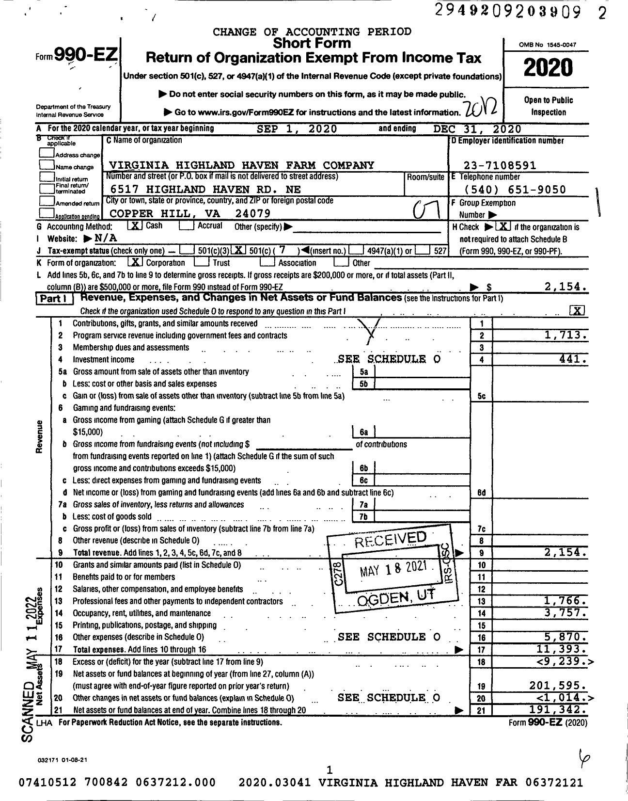 Image of first page of 2020 Form 990EO for Virginia Highland Haven Farm Company