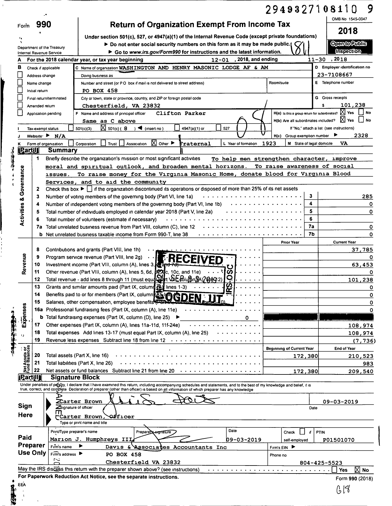 Image of first page of 2017 Form 990O for Washington and Hery Masonic Lodge Af and Am